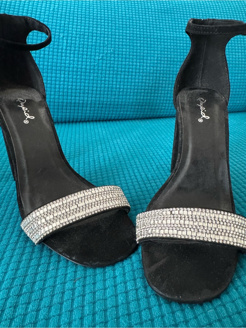 Qupid Black Rhinestone Crystal Ankle Strap Block Heels